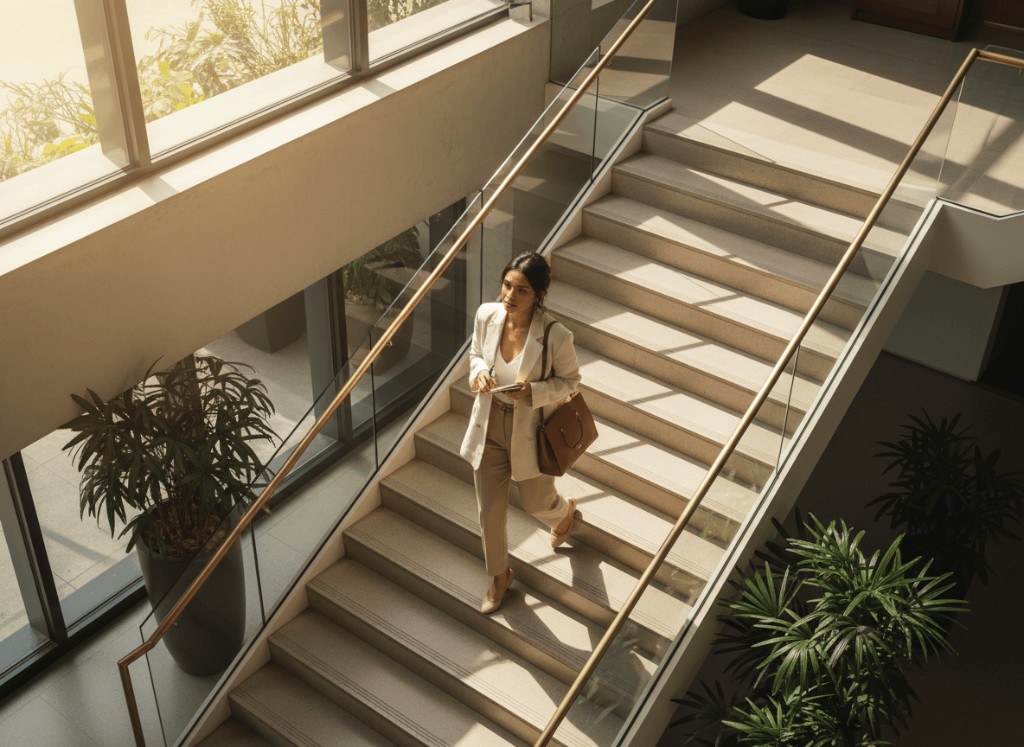 Profissional subindo escada ampla em ambiente corporativo iluminado