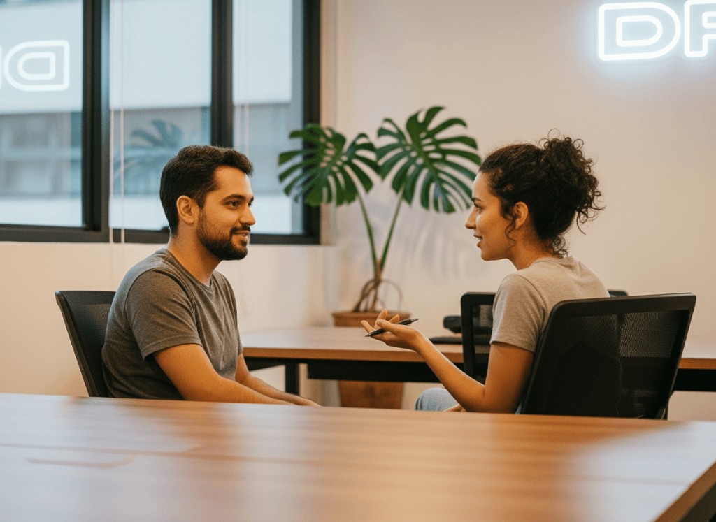 Homem e mulher em conversa à mesa em escritório claro, janela e planta ao fundo