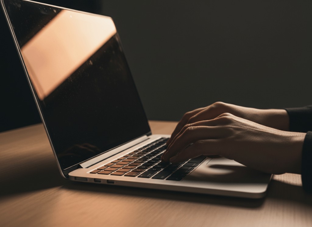 Mãos digitando em laptop sobre mesa de madeira com luz quente lateral