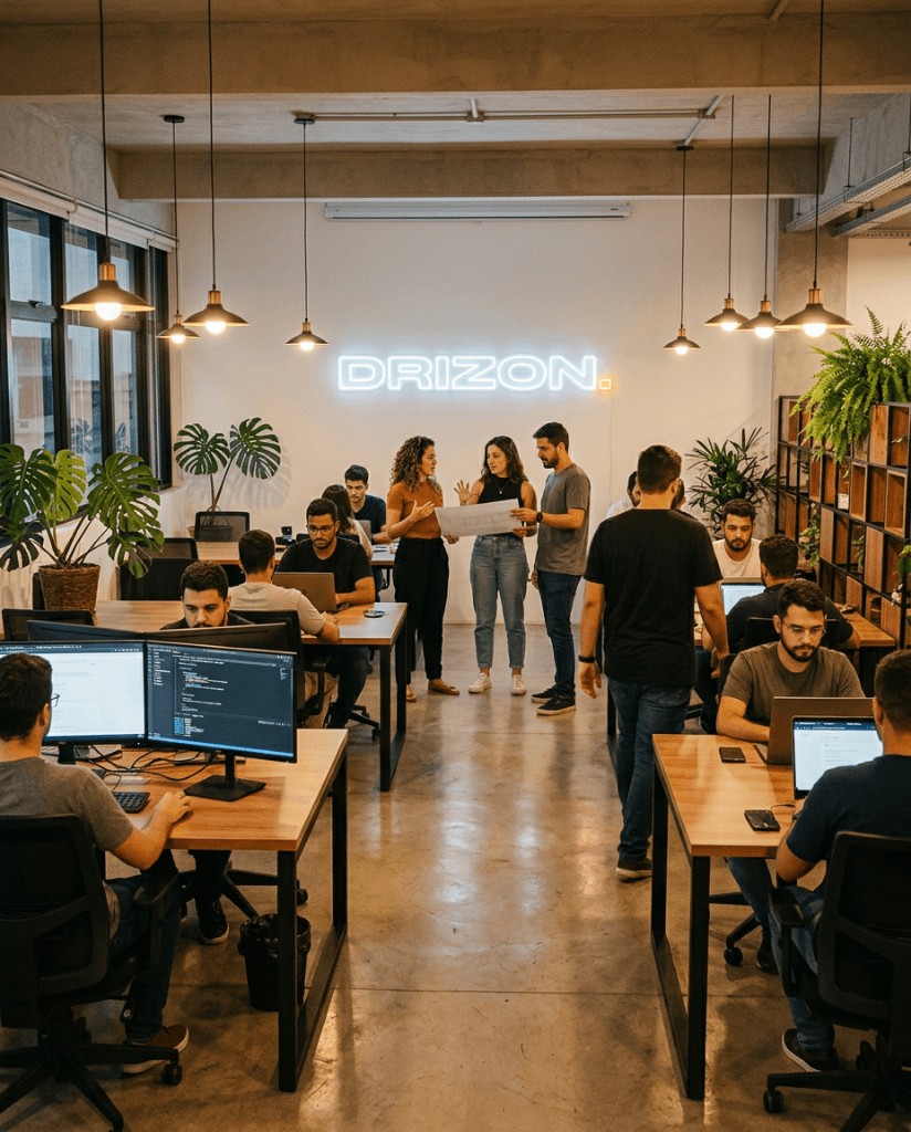 Escritório aberto com equipe em estações de trabalho, letreiro luminoso e plantas