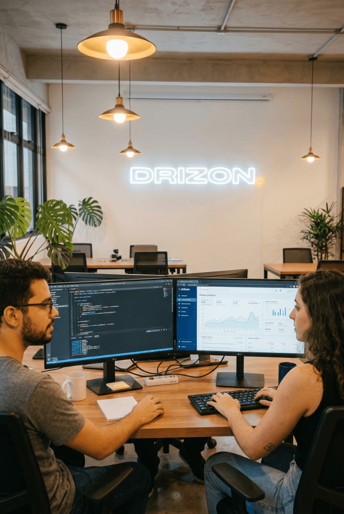 Duas pessoas lado a lado em monitores com código e painel de indicadores